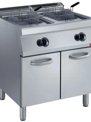 001-G17-F30A8-N-big Friteuse gaz 2 cuves en “Y” 2x 15 litres, brûleurs extérieurs, sur armoire