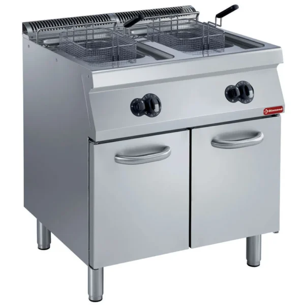 Friteuse gaz 2 cuves en “Y” 2x 15 litres, brûleurs extérieurs, sur armoire